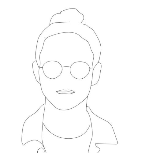 Simple line drawing of Frank Li with glasses and bun 